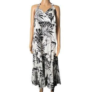 Pacific Legend Hibiscus & Monstera White Hawaiian Halter Neck Midi Dress 2XL